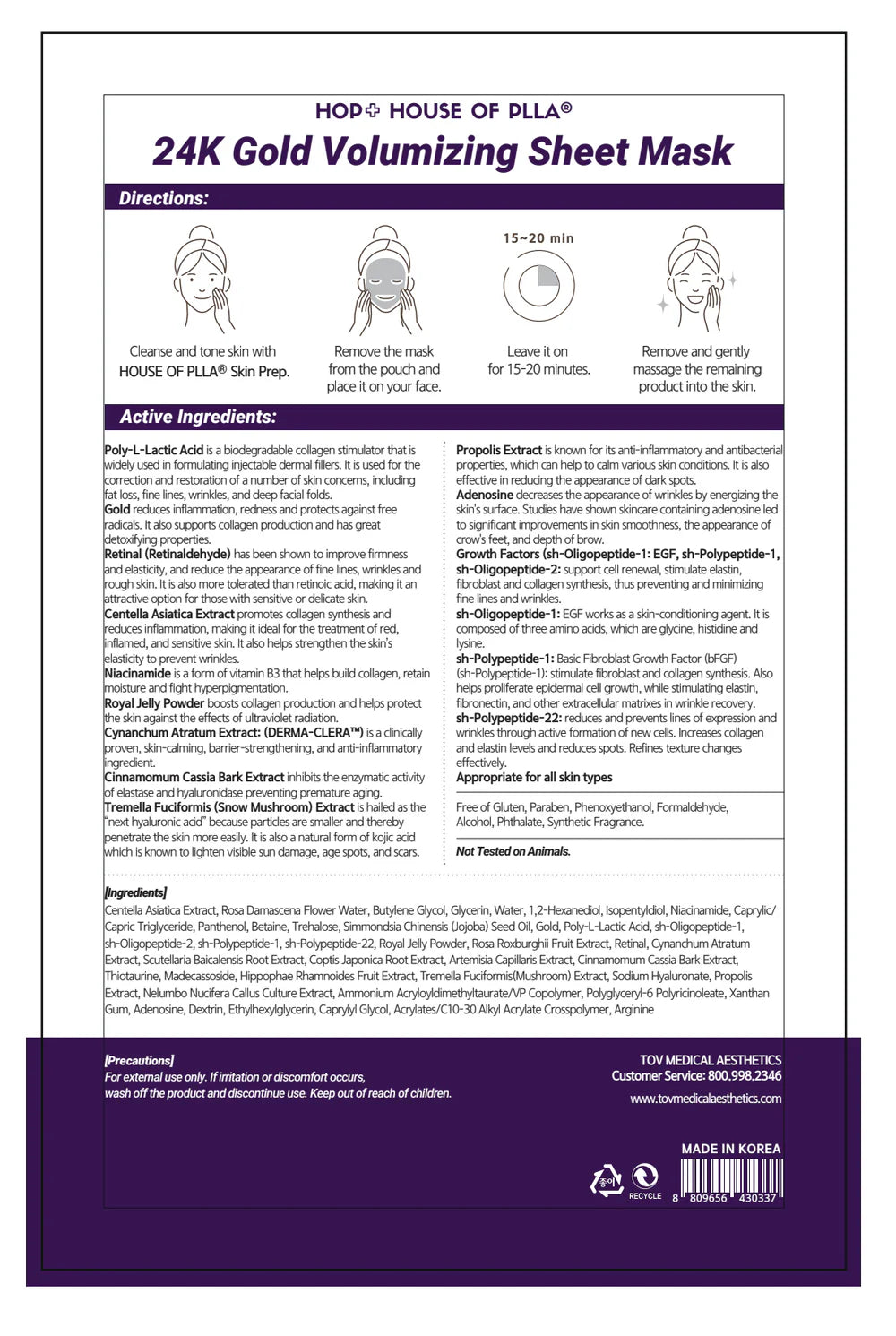 HOUSE OF PLLA® HOP+ 24k Gold Volumizing Sheet Mask 5pc/Box