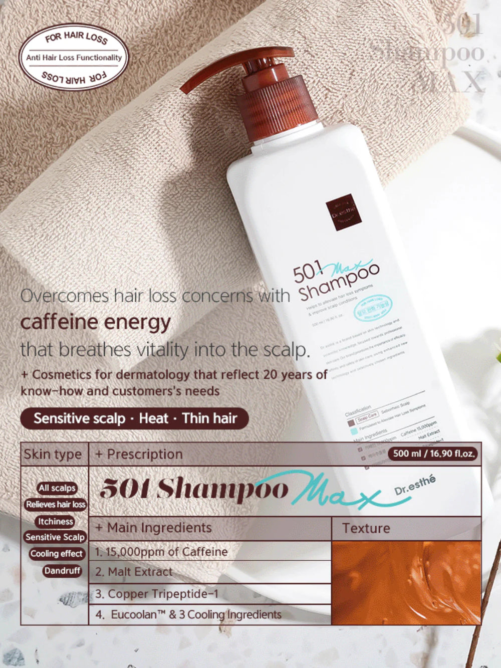  Dr.esthé 501 Shampoo Max product banner showing the bottle with New 2024 label, next to shampoo-to-caffeine-serum comparison graphic.