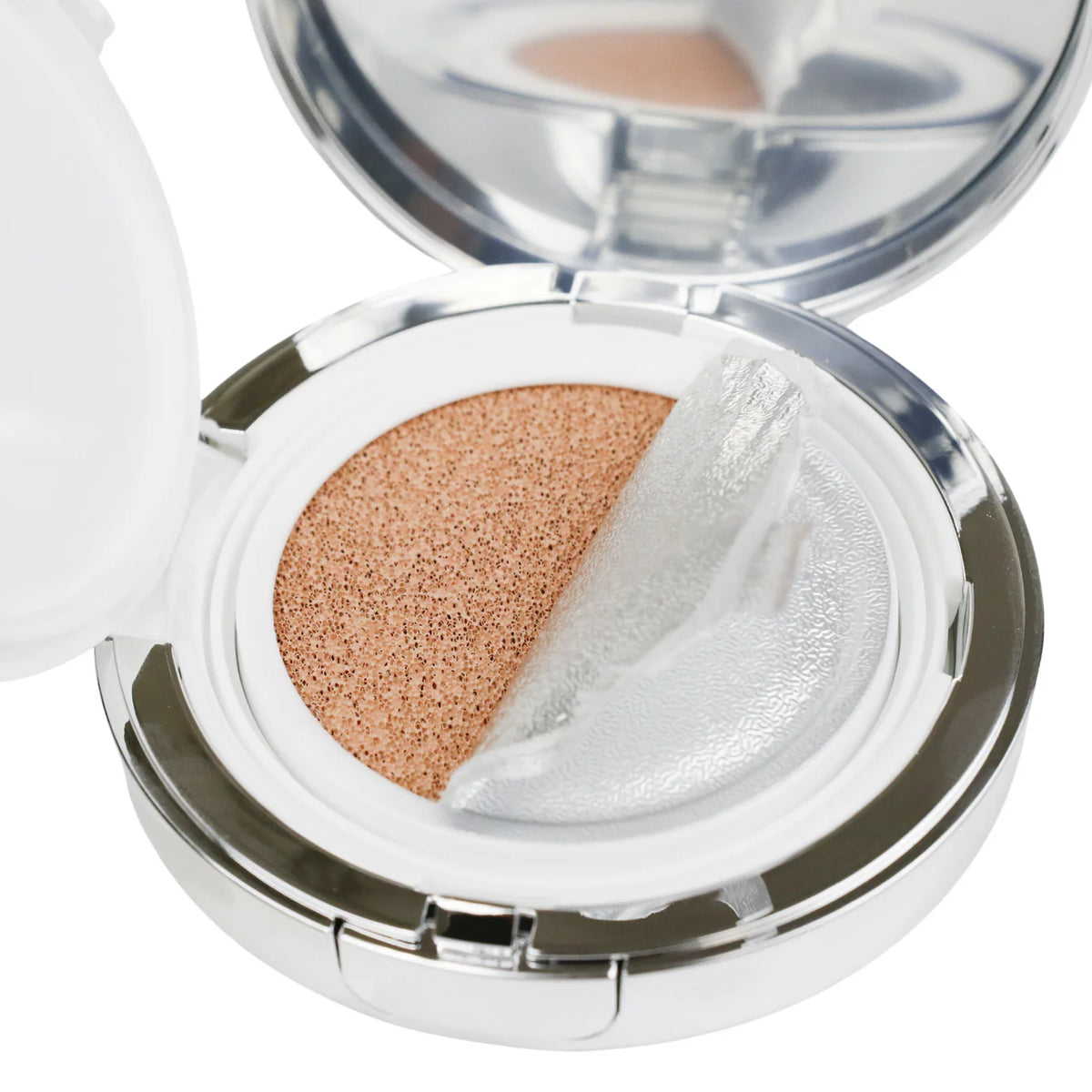 Makeup compact with two shades of powder, one beige and one white, on a white background.