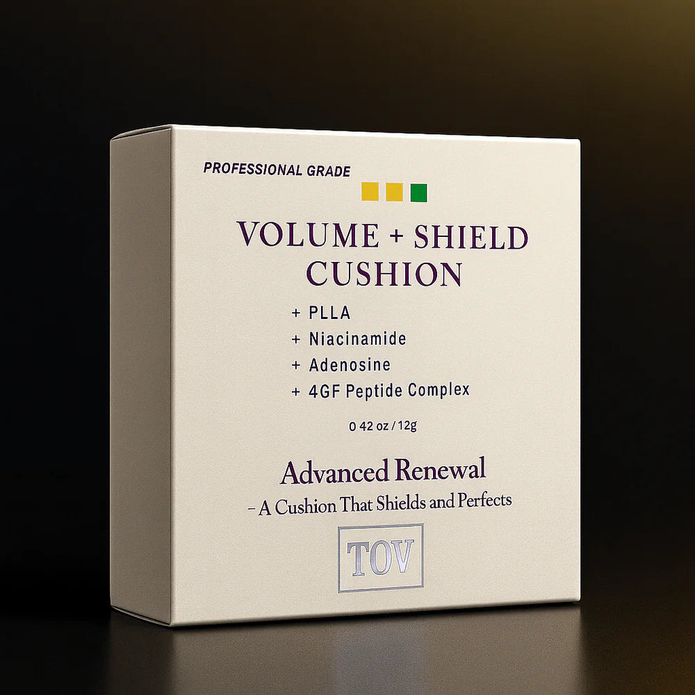 TOV Volume + Shield Cushion packaging on a dark background
