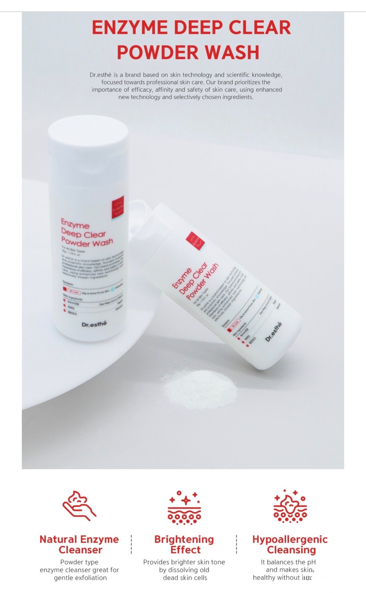Dr. Vaid's Enzyme Deep Clear Powder Wash shown in two white bottles on a white surface, with marketing text above and feature icons below.