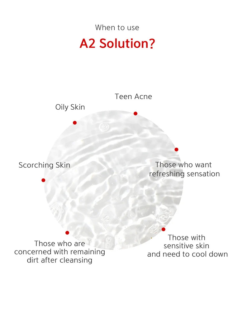 An informational graphic on a white background with the heading 'When to use A2 Solution?' and a central circular close-up of a pale, slightly textured surface. Red dots and labels indicate skin types or conditions: Oily Skin, Teen Acne, Scarring Skin, Those who are concerned with remaining dirt after cleansing, and Those with sensitive skin and need to cool down.
