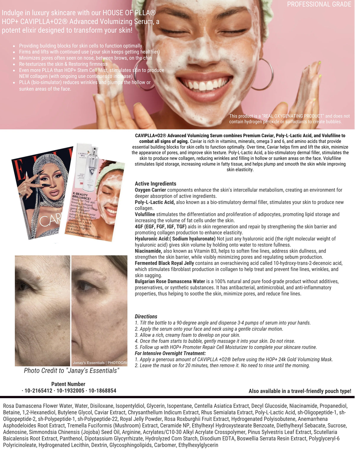 Product benefits, active ingredient breakdown, a magazine feature clipping, before-and-after eye area photos, and full ingredient list for HOP+ CAVIPLLA+O2® Advanced Volumizing Serum.
