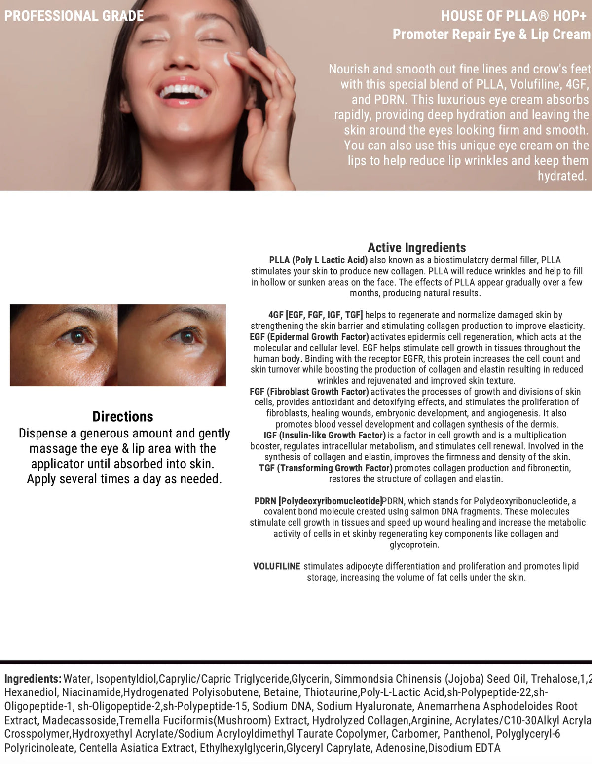 Woman smiling with eyes closed while applying HOP+ Promoter Repair Eye & Lip Cream to her under-eye area, alongside active ingredients, before-and-after eye photos, directions, and full ingredient list.
