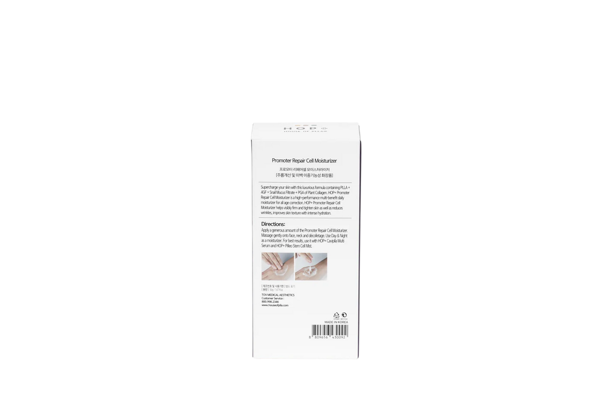 Back of the HOP+ Promoter Repair Cell Moisturizer box with product description, application directions, and usage photos.
