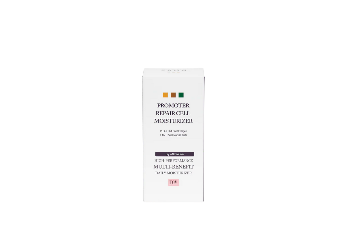 Front of the HOP+ Promoter Repair Cell Moisturizer box, listing PLLA, PGA Plant Collagen, 4GF, and Snail Mucus Filtrate for dry to normal skin.
