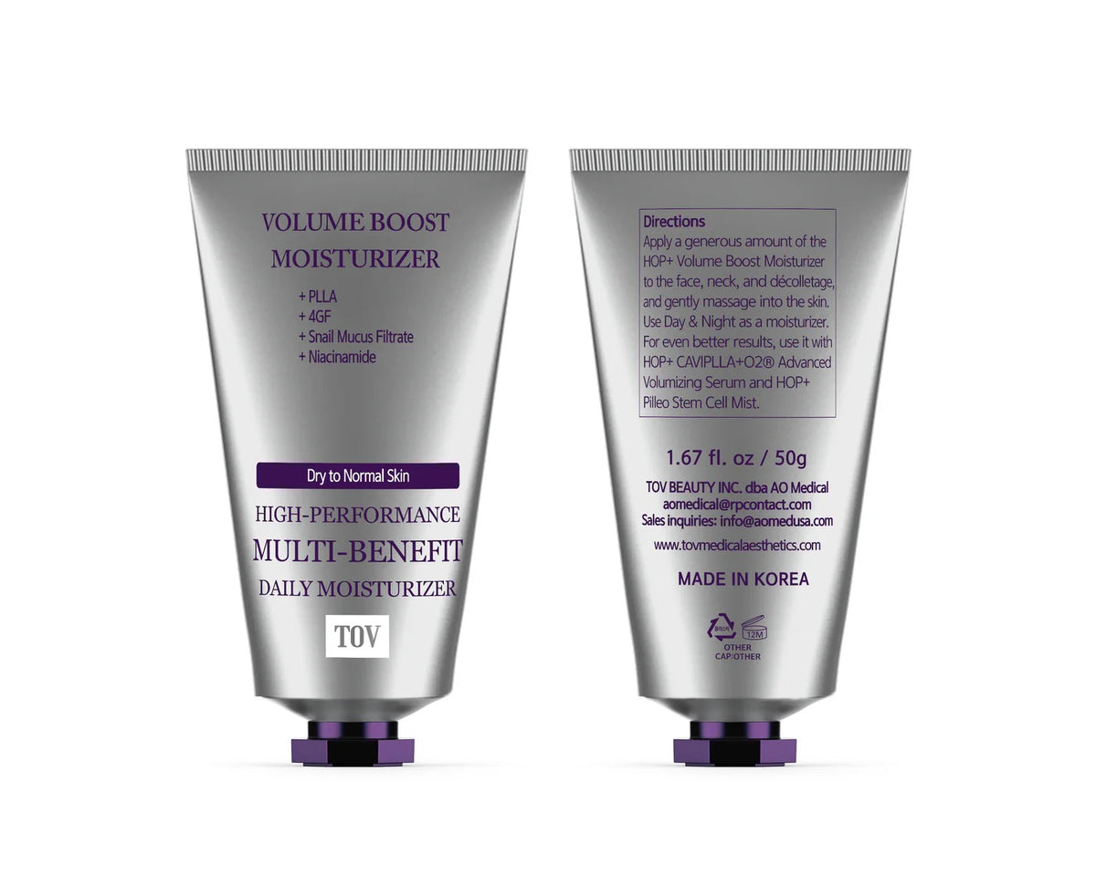 Front and back views of the TOV HOP+ Volume Boost Moisturizer tube, listing PLLA, 4GF, Snail Mucus Filtrate, and Niacinamide for dry to normal skin.

