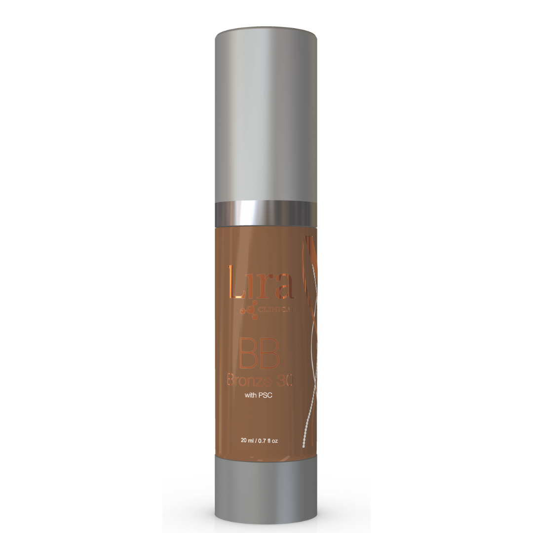 Lira Clinical BB Bronze 30 tinted moisturizer bottle with pump, medium-dark shade, 0.7 oz