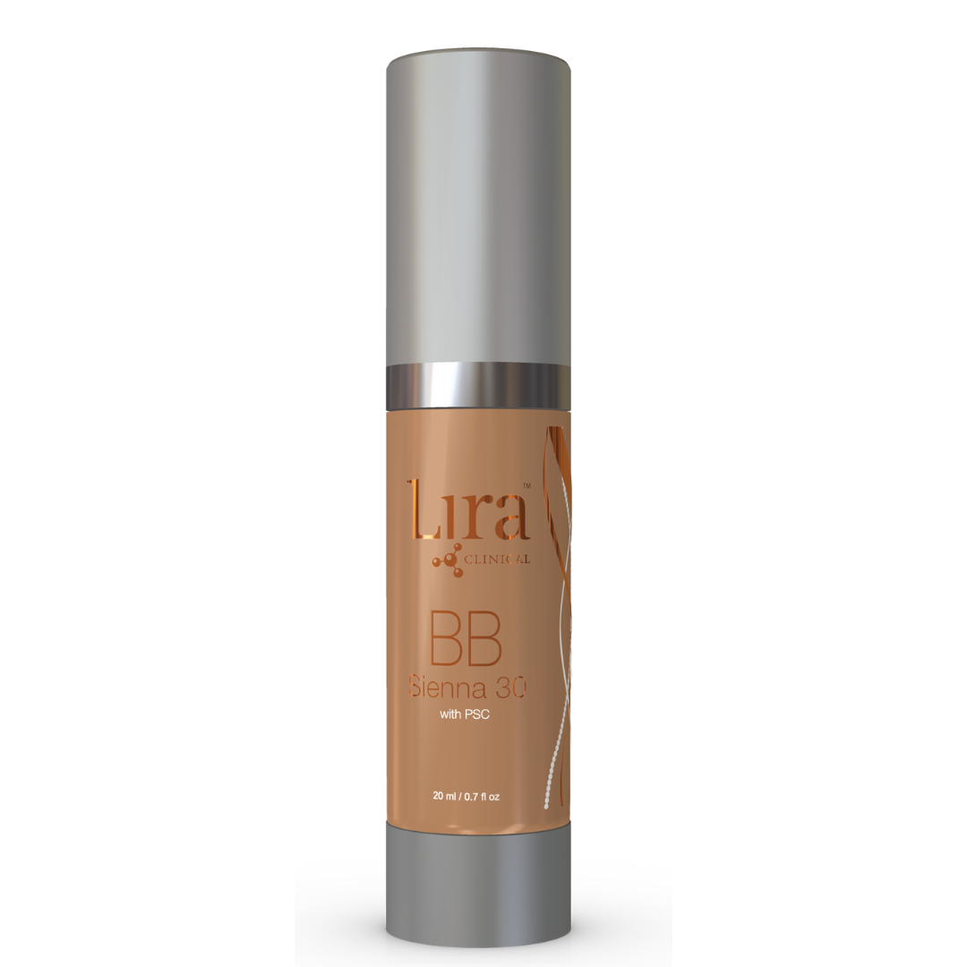 Lira Clinical BB Sienna 30 tinted moisturizer bottle with pump, medium shade, 0.7 oz